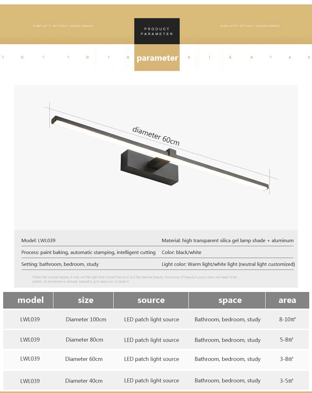 Modern LED Wall Light - Tri-Color Dimmable Bathroom Mirror Lamp