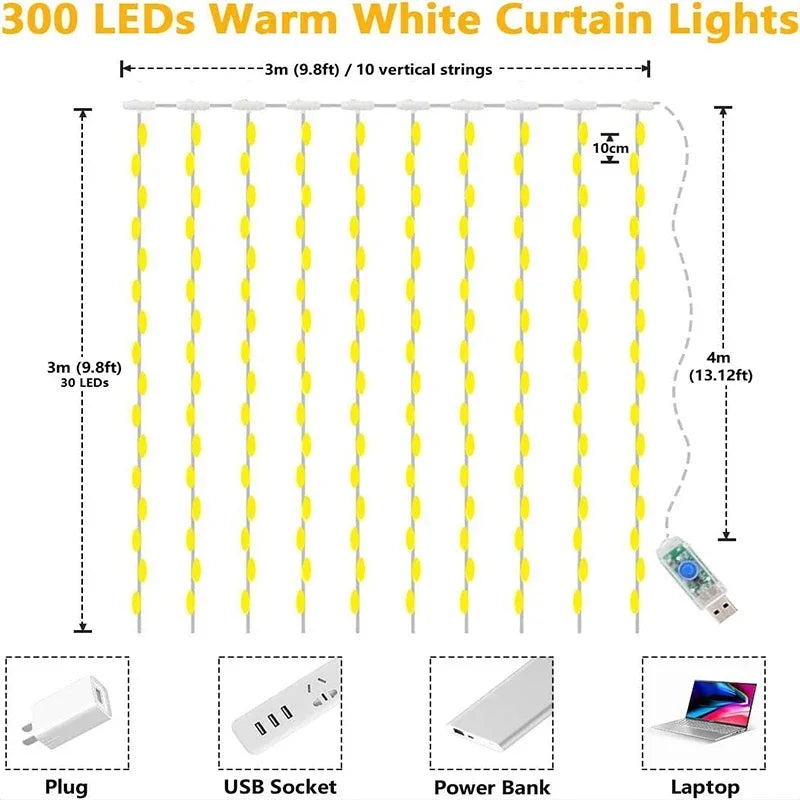 3M LED Curtain String Lights | 8 Modes USB Fairy Lights | Festive & Party Decor