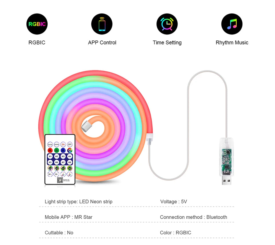 USB RGB Neon LED Strip | Bluetooth App & Remote Control | Flexible & Vibrant Lighting